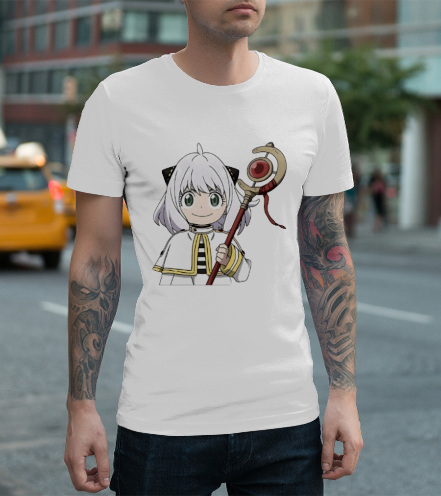 Anya Forger Frieren Crossover Anime Character With Magical Staff T-Shirt