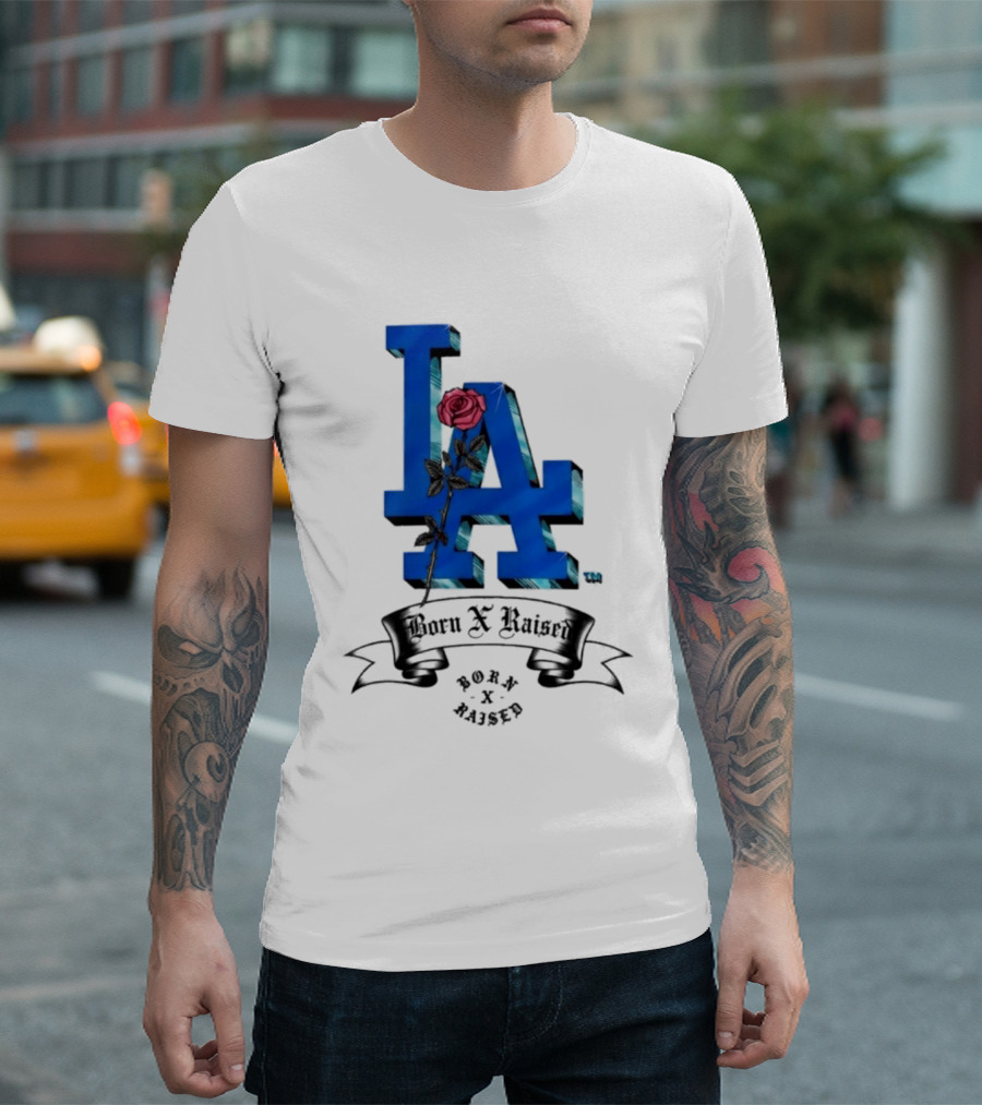 Born X Raised X Los Angeles Dodgers Forever Blue LA Rose T-Shirt