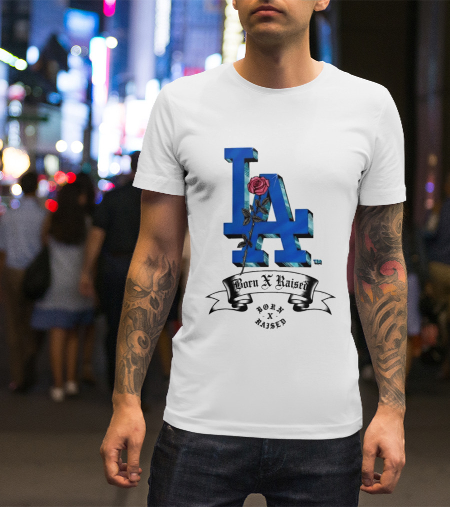 Born X Raised X Los Angeles Dodgers Forever Blue LA Rose T-Shirt