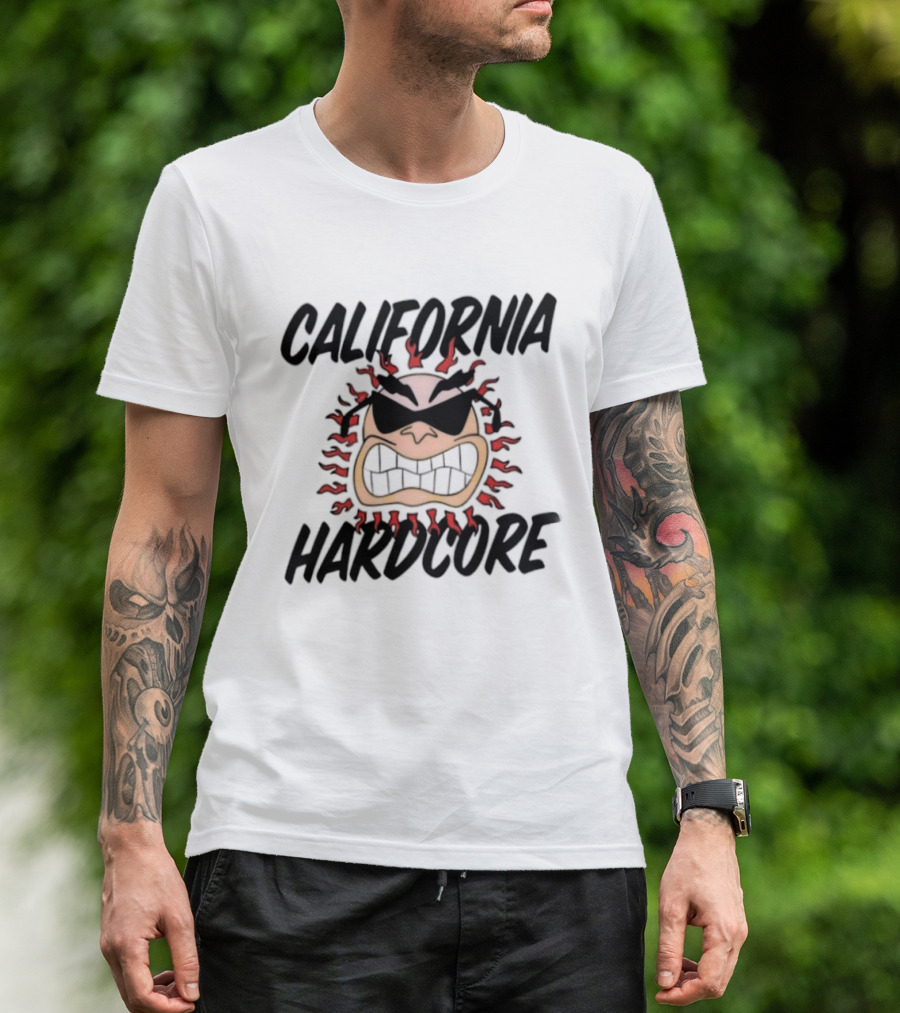 California Hardcore Sun With Sunglasses And Fierce Flames T-Shirt