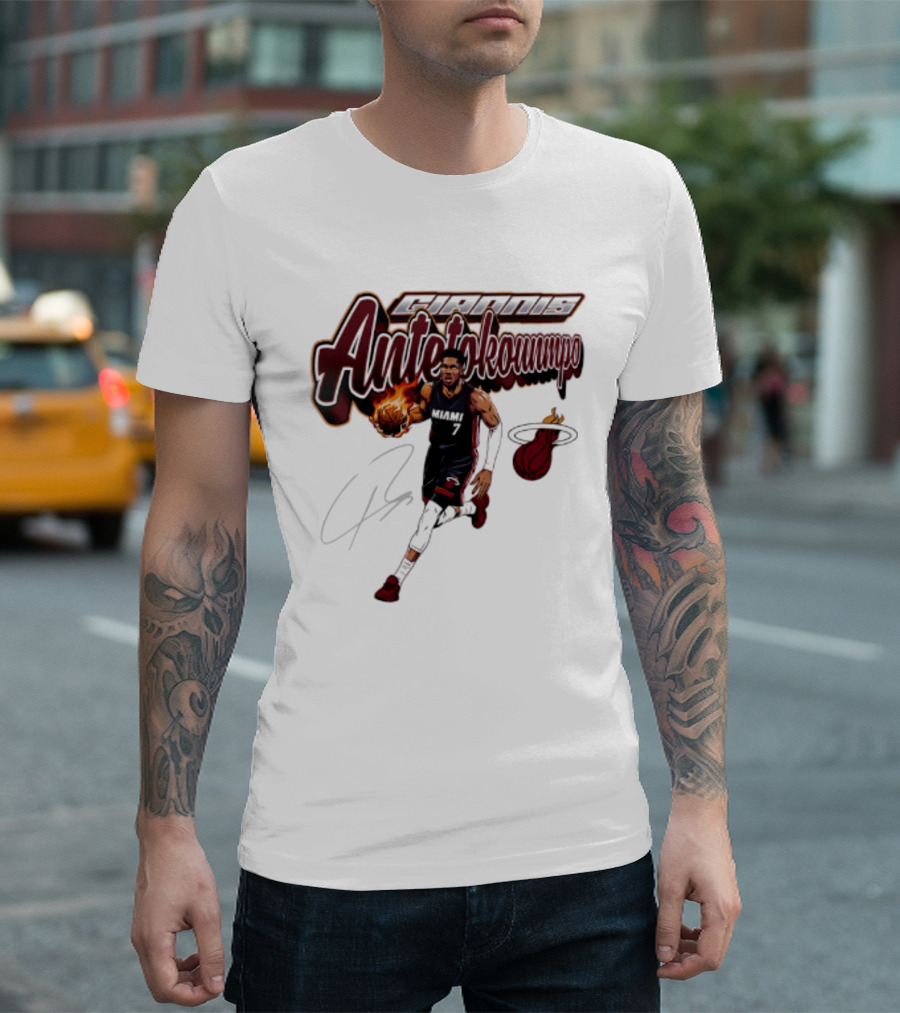 Giannis Antetokounmpo Miami Heat Basketball Cursive Script T-Shirt