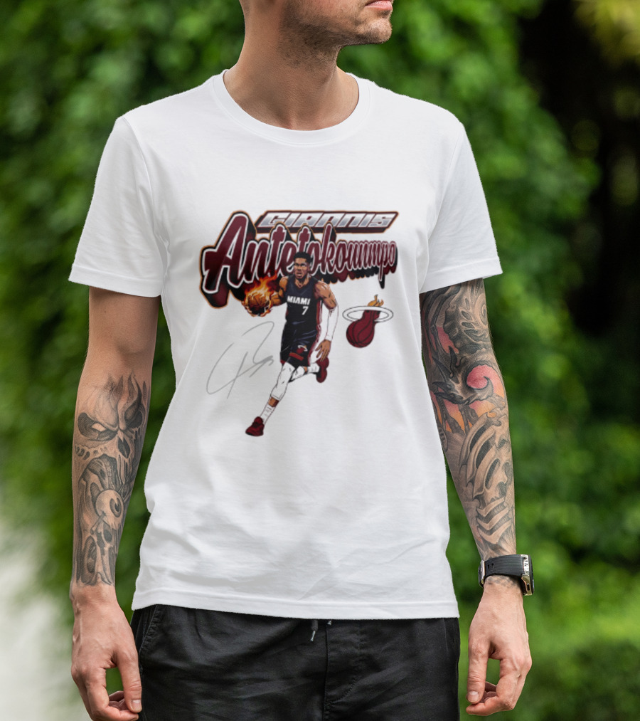 Giannis Antetokounmpo Miami Heat Basketball Cursive Script T-Shirt