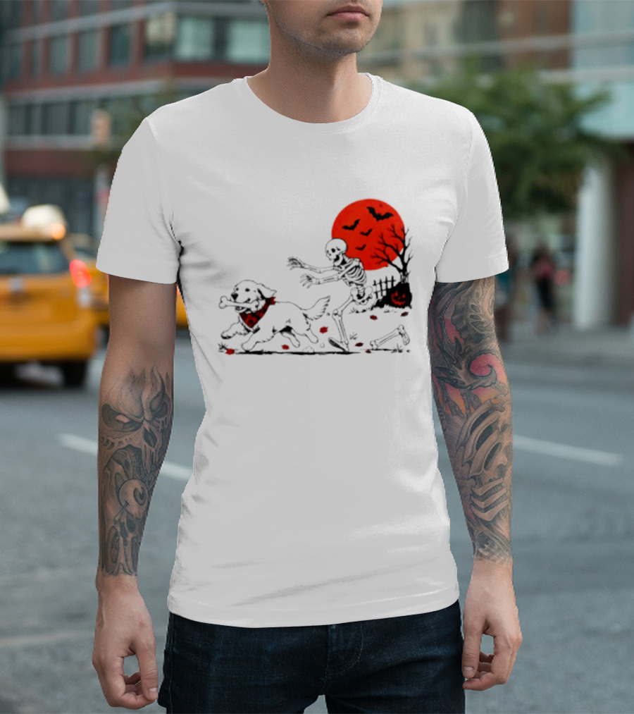 Golden Retriever And Skeleton Chase Under Red Moon With Bats And Pumpkin T-Shirt
