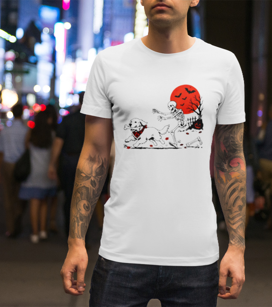 Golden Retriever And Skeleton Chase Under Red Moon With Bats And Pumpkin T-Shirt