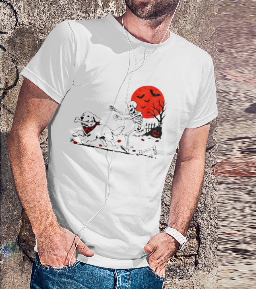 Golden Retriever And Skeleton Chase Under Red Moon With Bats And Pumpkin T-Shirt