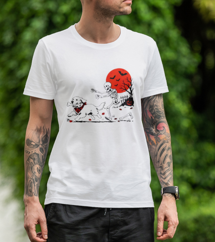 Golden Retriever And Skeleton Chase Under Red Moon With Bats And Pumpkin T-Shirt