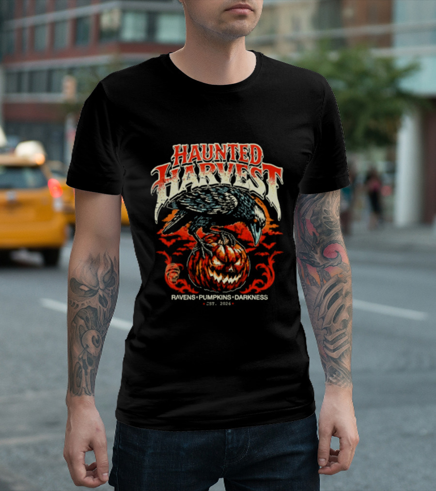 Haunted Harvest Ravens Pumpkins Darkness Est 2026 T-Shirt