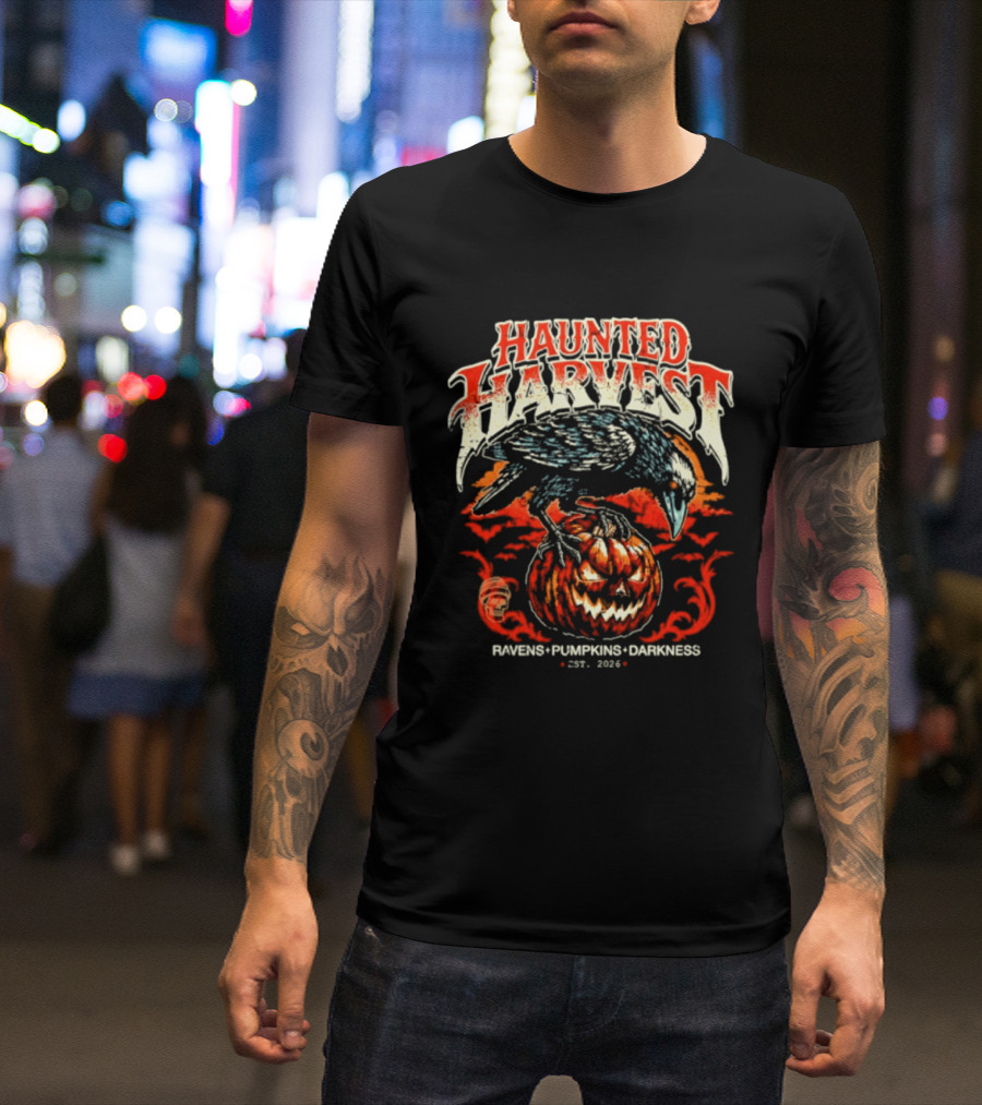 Haunted Harvest Ravens Pumpkins Darkness Est 2026 T-Shirt