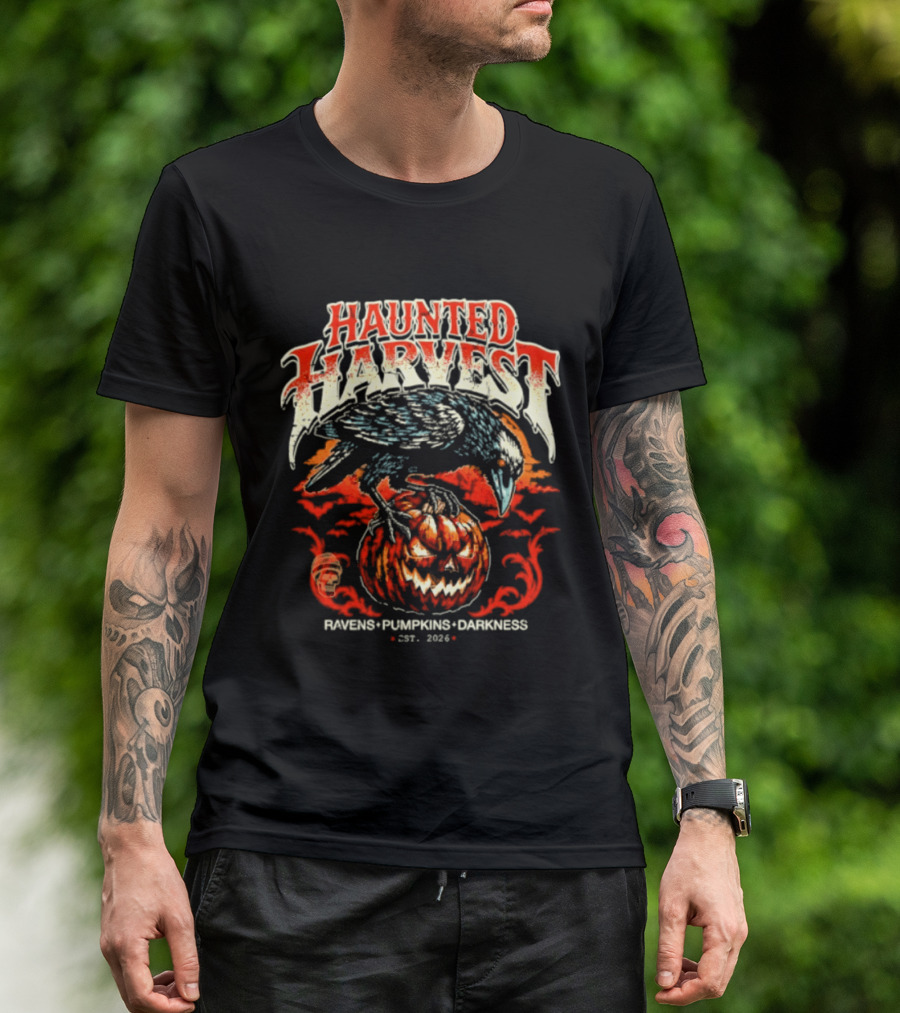 Haunted Harvest Ravens Pumpkins Darkness Est 2026 T-Shirt
