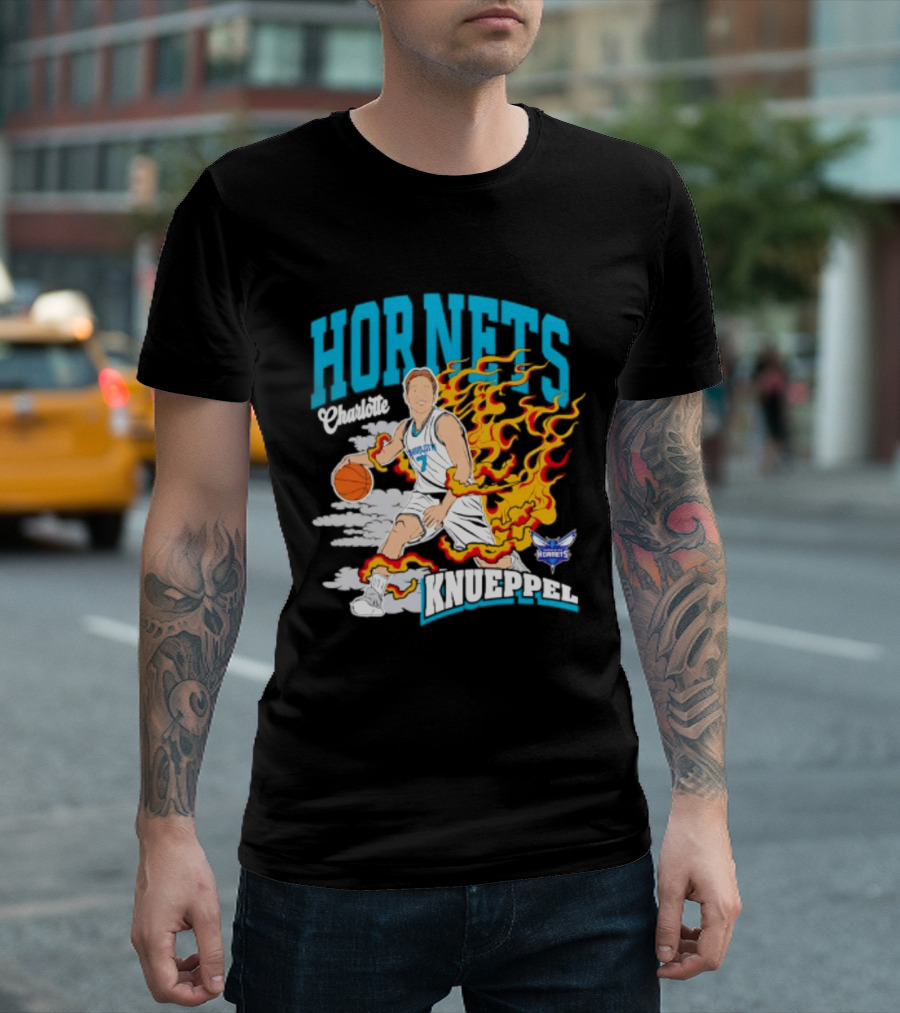 Charlotte Hornets Kon Knueppel Basketball With Flames Motif T-Shirt