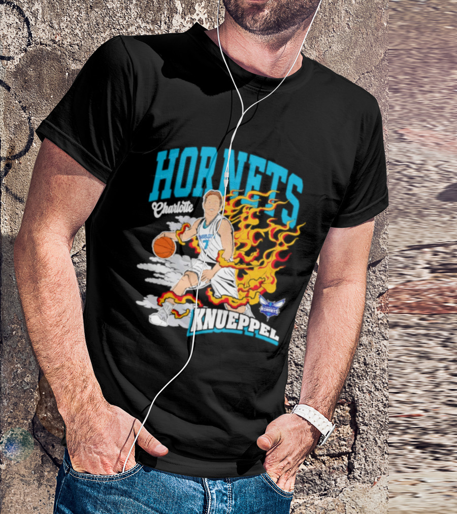 Charlotte Hornets Kon Knueppel Basketball With Flames Motif T-Shirt