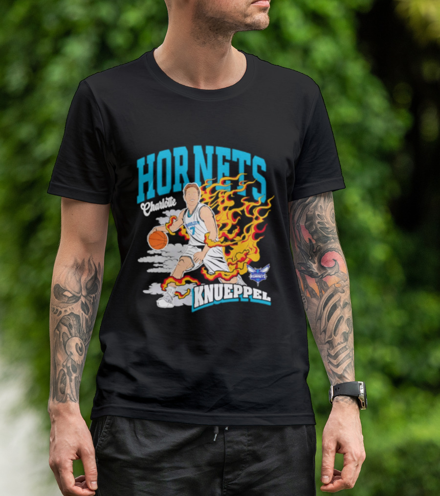 Charlotte Hornets Kon Knueppel Basketball With Flames Motif T-Shirt