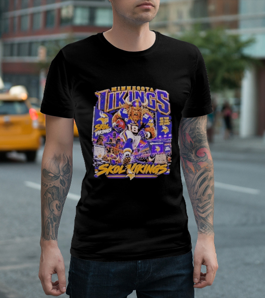 Minnesota Vikings Skol Vikings One Team One Skol One Family 18 Football City Highlights T-Shirt