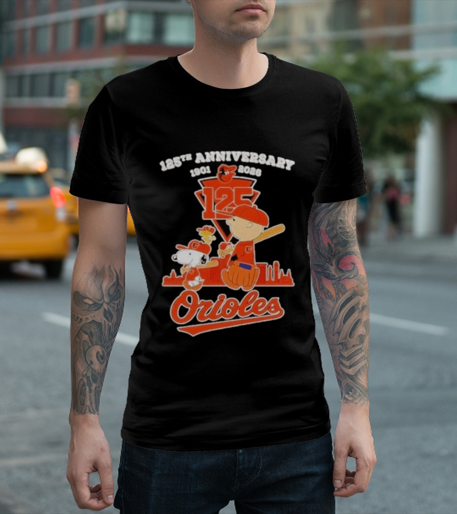 Peanuts Snoopy Baltimore Orioles 125th Anniversary 1901 2026 Skyline Baseball T-Shirt