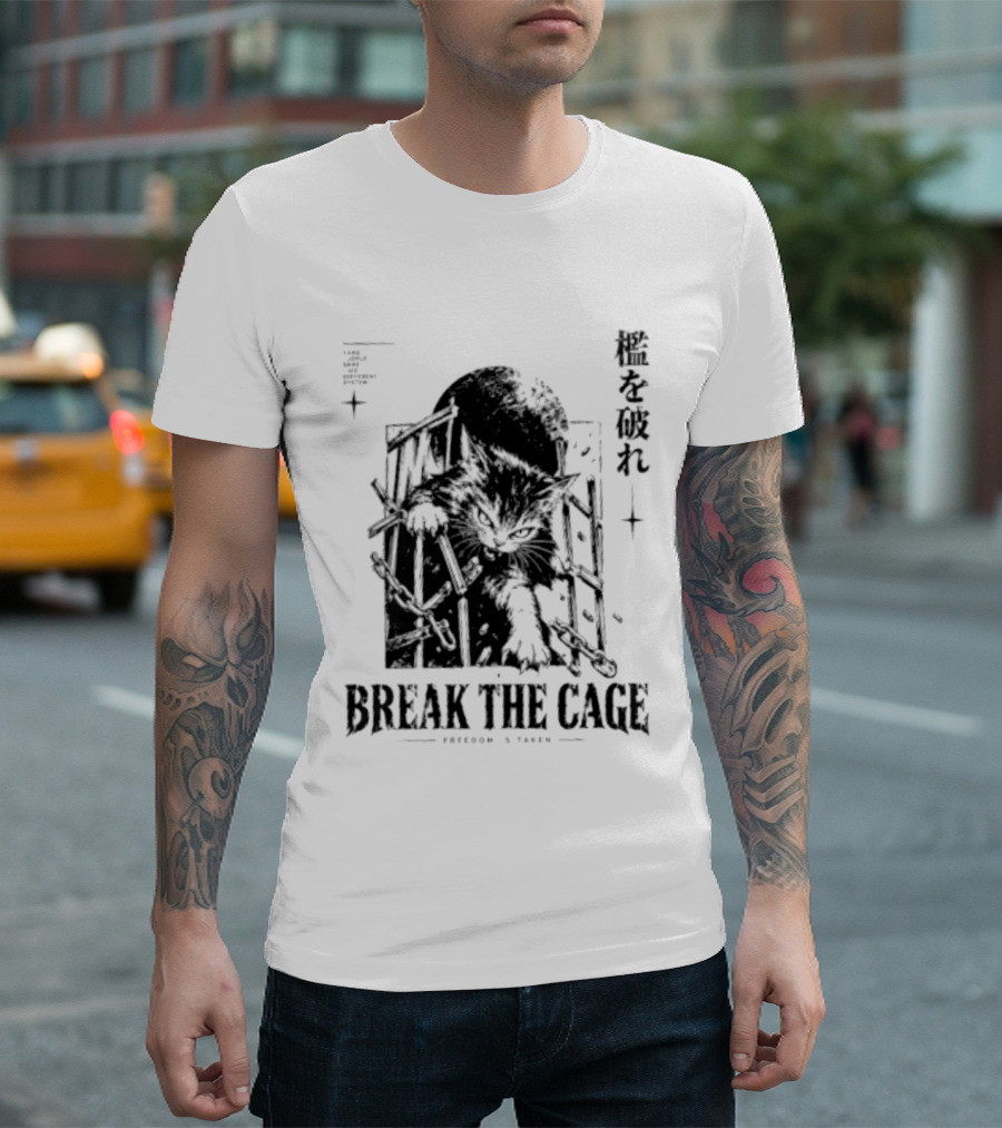 Break The Cage Freedom Is Taken Cat Kanji T-Shirt