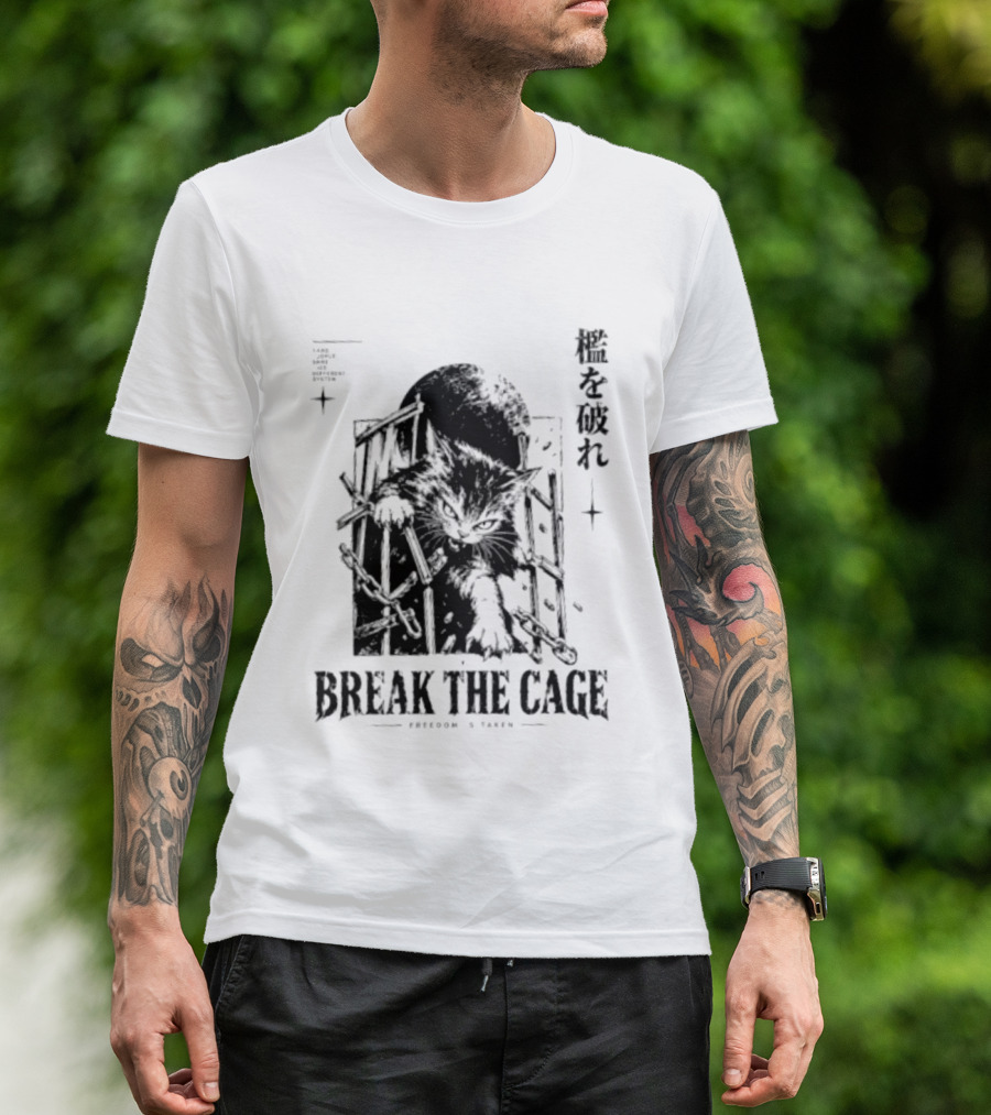 Break The Cage Freedom Is Taken Cat Kanji T-Shirt