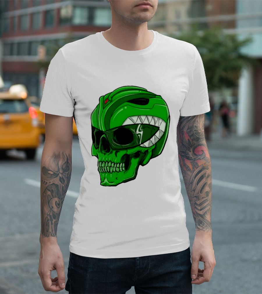 Mighty Morphin Power Rangers Green Ranger Zombie Skull Helmet Mashup T-Shirt