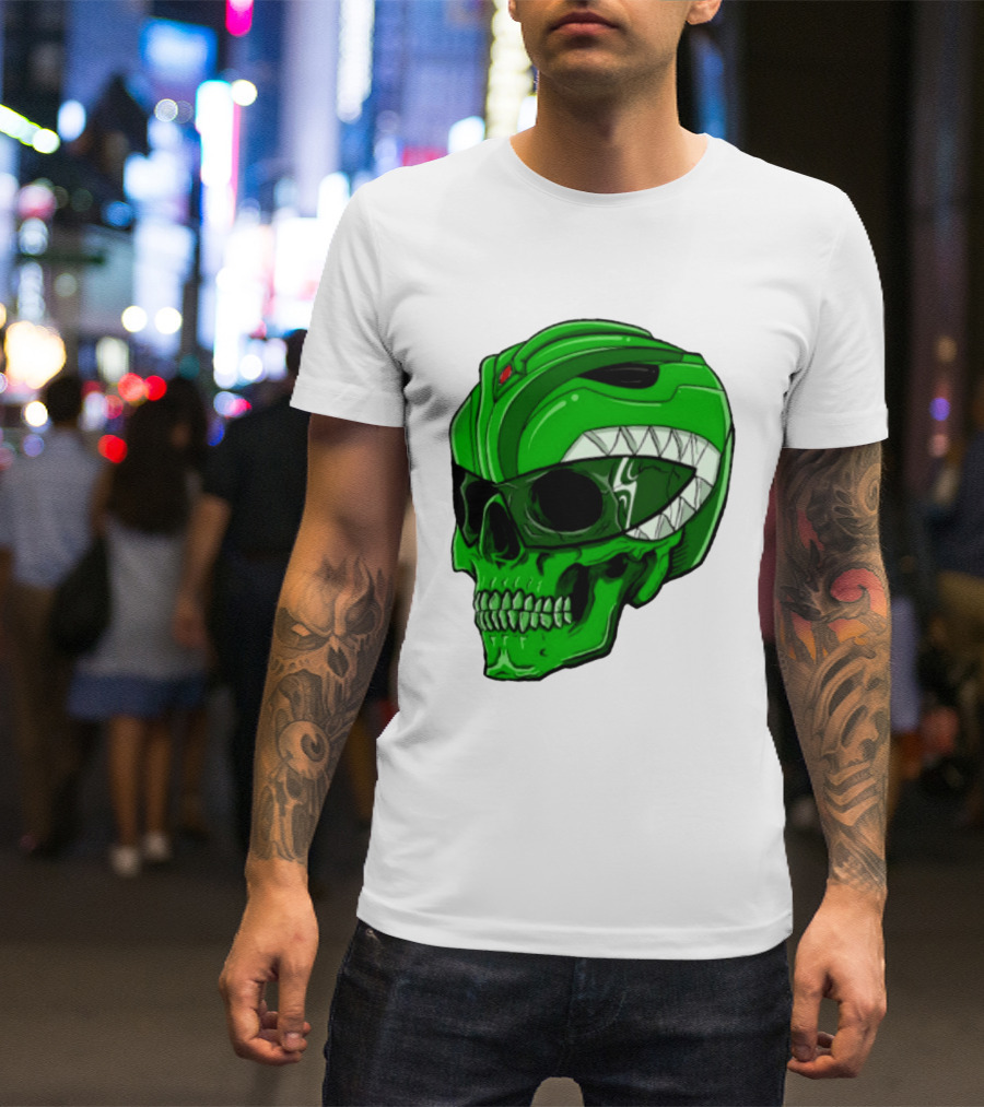 Mighty Morphin Power Rangers Green Ranger Zombie Skull Helmet Mashup T-Shirt