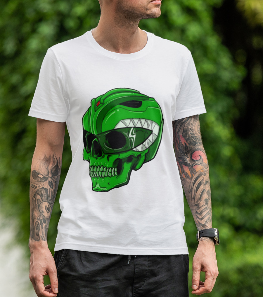 Mighty Morphin Power Rangers Green Ranger Zombie Skull Helmet Mashup T-Shirt