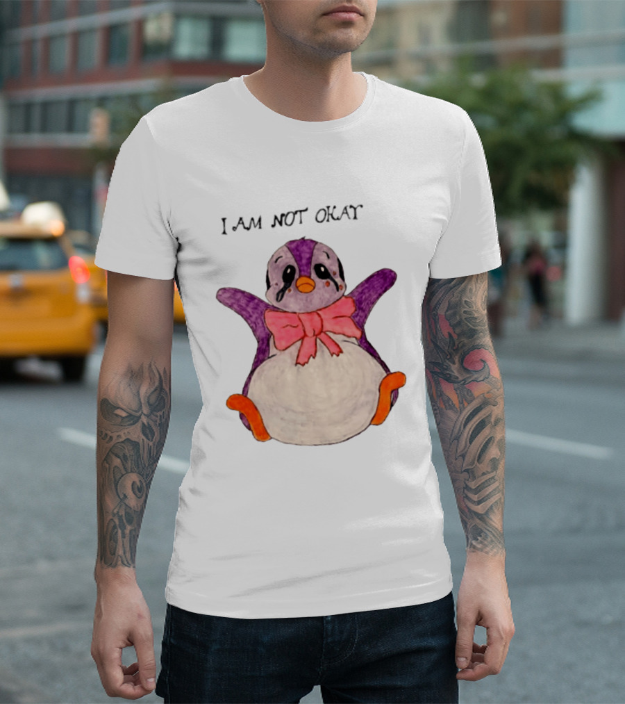 I Am Not Okay Crying Penguin Aesthetic Bow Tearful Purple Orange T-Shirt