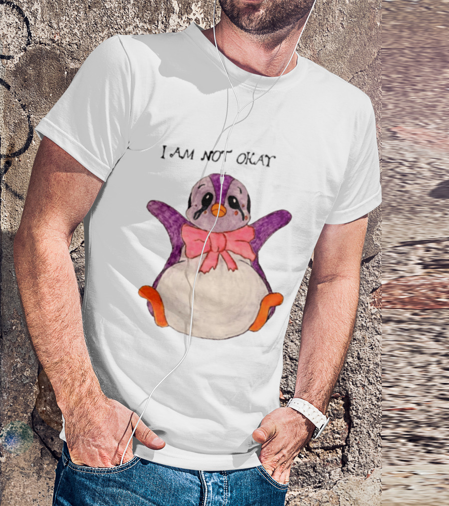 I Am Not Okay Crying Penguin Aesthetic Bow Tearful Purple Orange T-Shirt