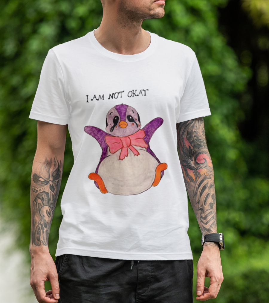 I Am Not Okay Crying Penguin Aesthetic Bow Tearful Purple Orange T-Shirt