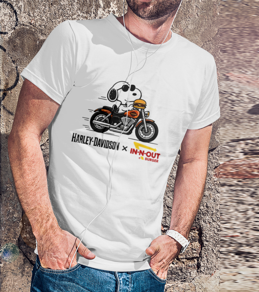 Snoopy Riding Harley Davidson With In N Out Burger Collaboration T-Shirt