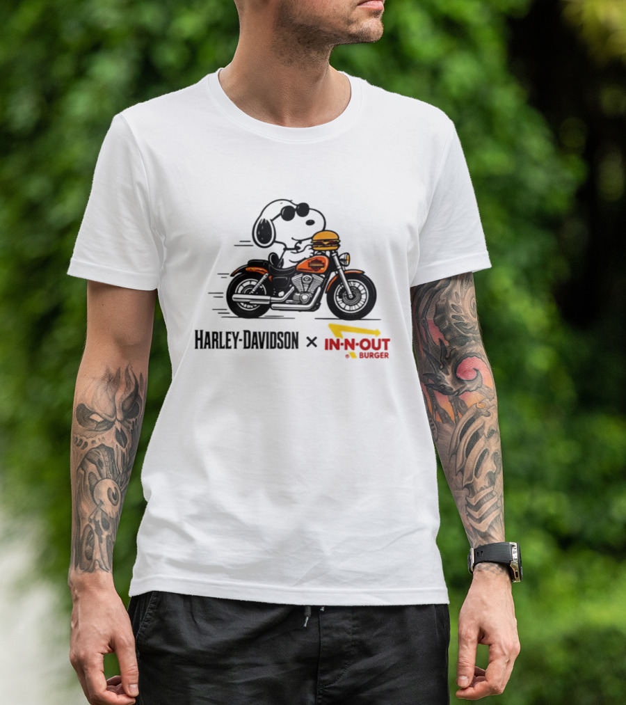 Snoopy Riding Harley Davidson With In N Out Burger Collaboration T-Shirt