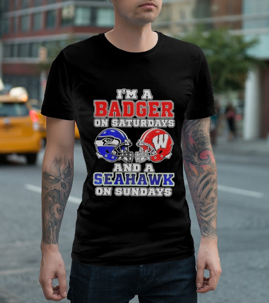 I'm A Badger On Saturdays And A Seahawk On Sundays Helmet T-Shirt