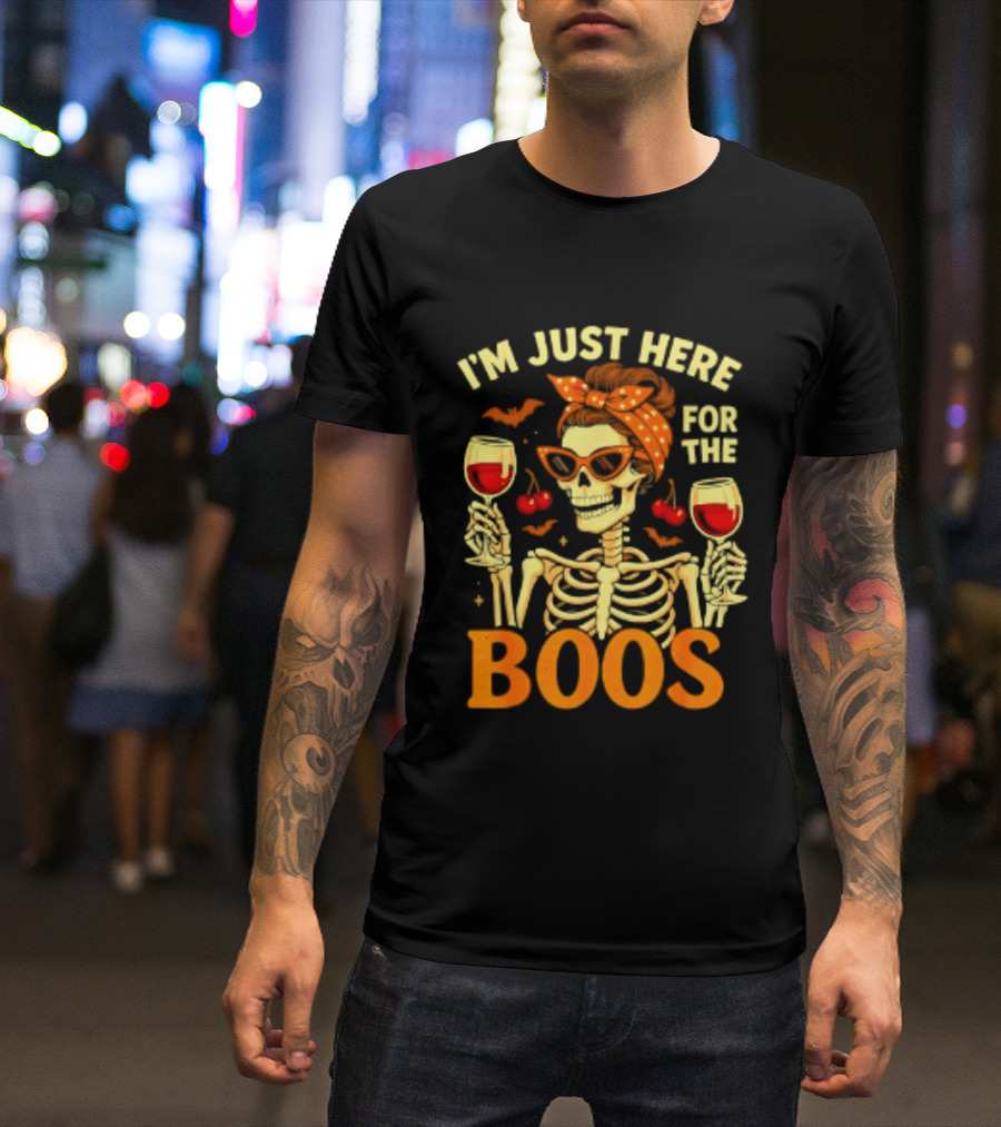 I'm Just Here For The Boos Skeleton Wine Cherries Halloween T-Shirt