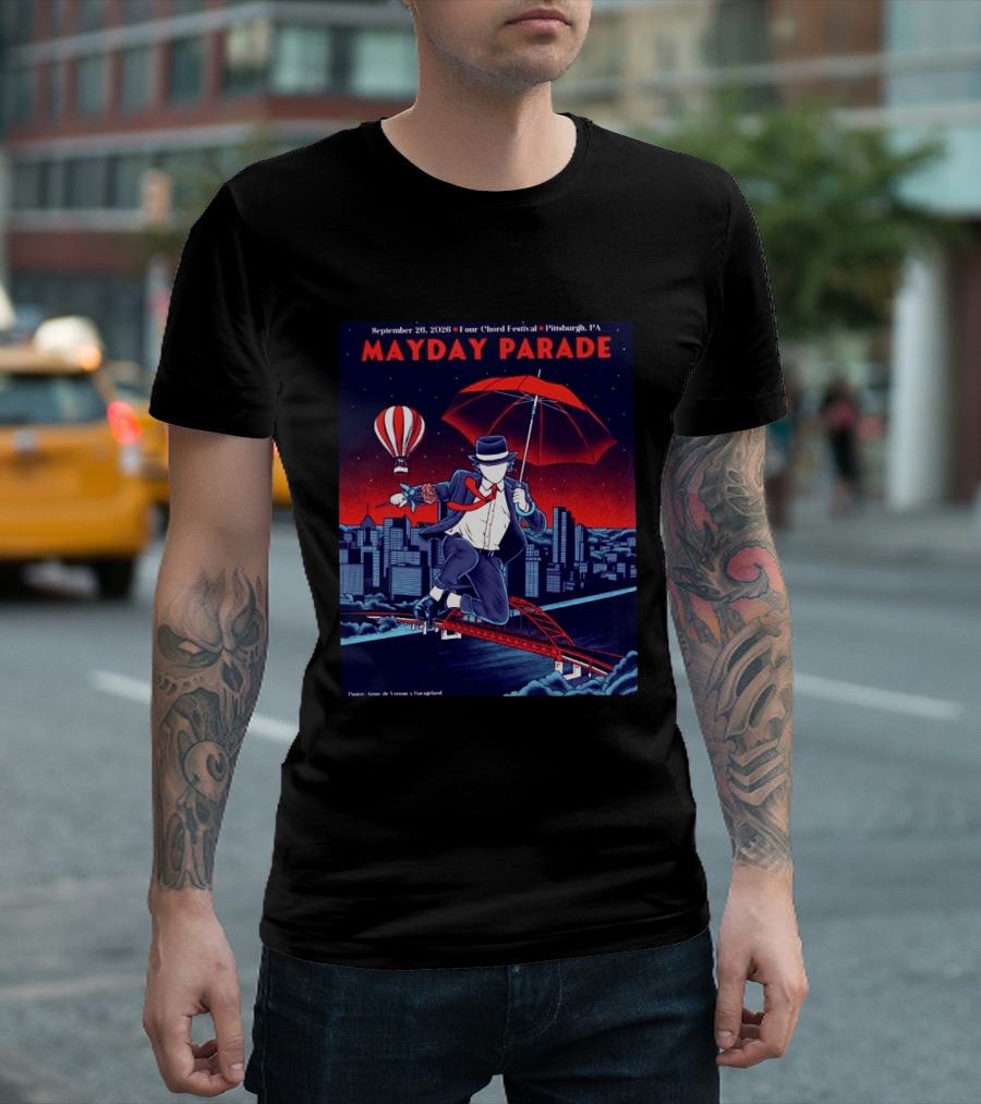 Mayday Parade September 26 2026 Four Chord Festival Pittsburgh PA Hot Air Balloon Umbrella Cityscape T-Shirt