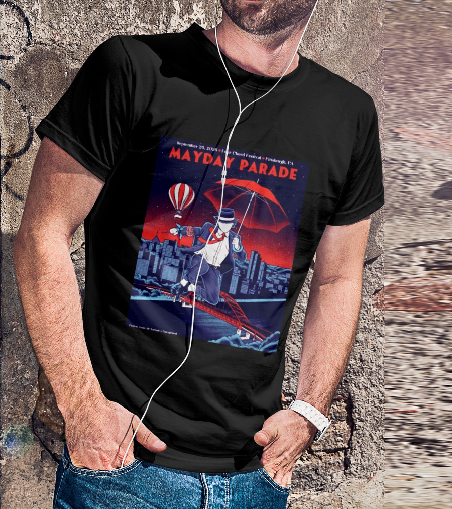 Mayday Parade September 26 2026 Four Chord Festival Pittsburgh PA Hot Air Balloon Umbrella Cityscape T-Shirt