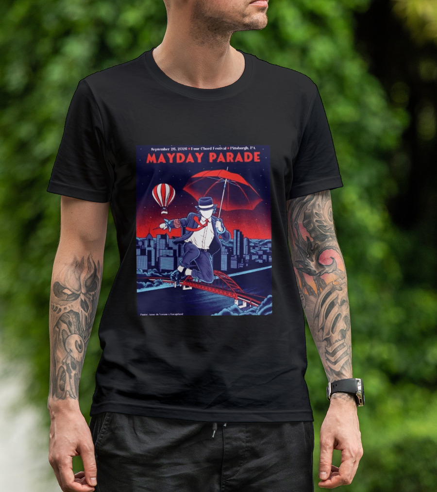 Mayday Parade September 26 2026 Four Chord Festival Pittsburgh PA Hot Air Balloon Umbrella Cityscape T-Shirt