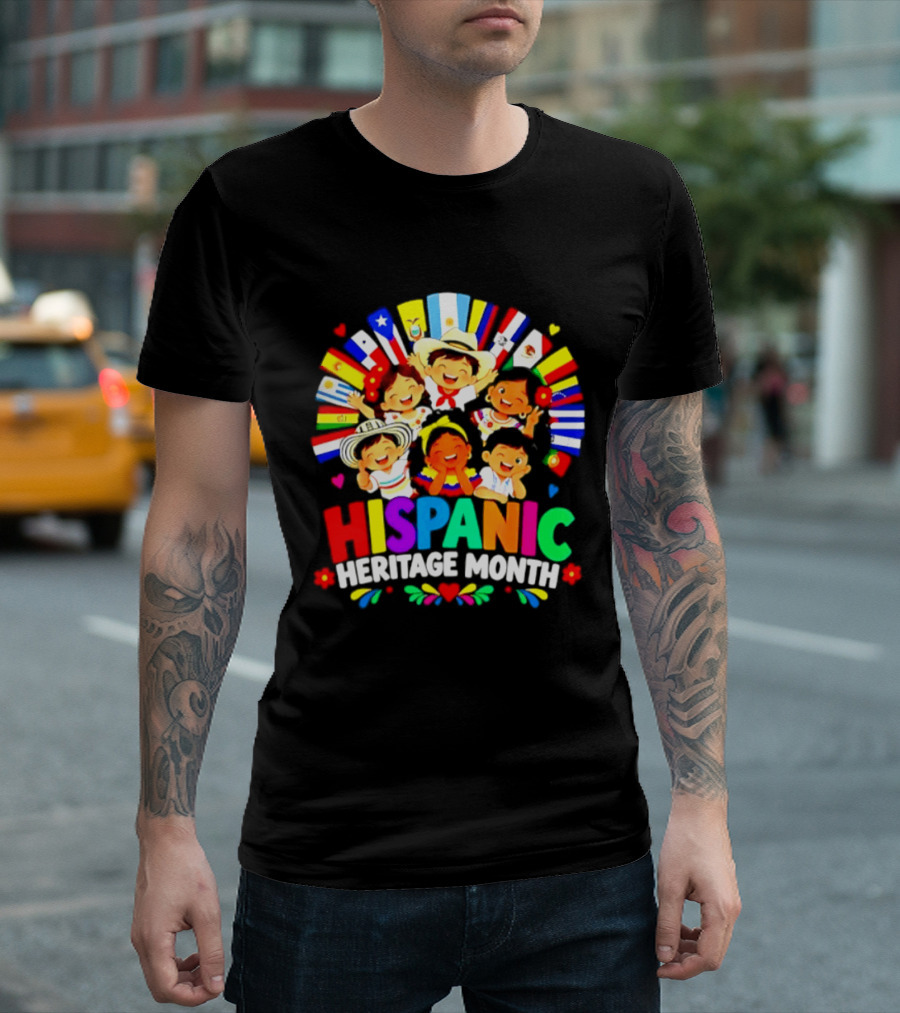 Hispanic Heritage Month Celebration With Latino Countries Flags And Happy Children T-Shirt