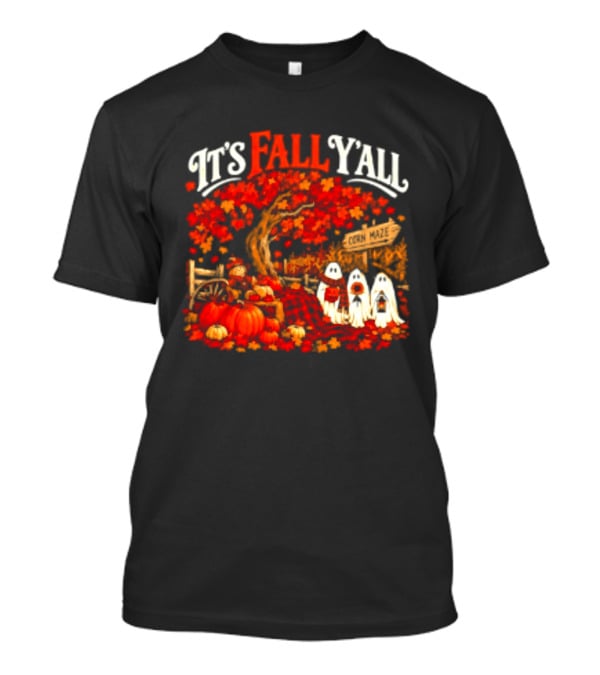 It's Fall Y'all Corn Maze Pumpkins Scarecrow Ghosts Halloween Tree T-Shirt