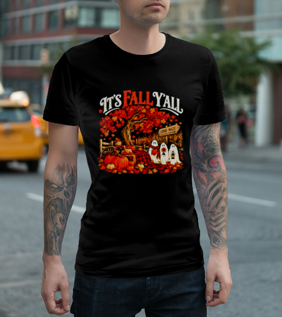 It's Fall Y'all Corn Maze Pumpkins Scarecrow Ghosts Halloween Tree T-Shirt