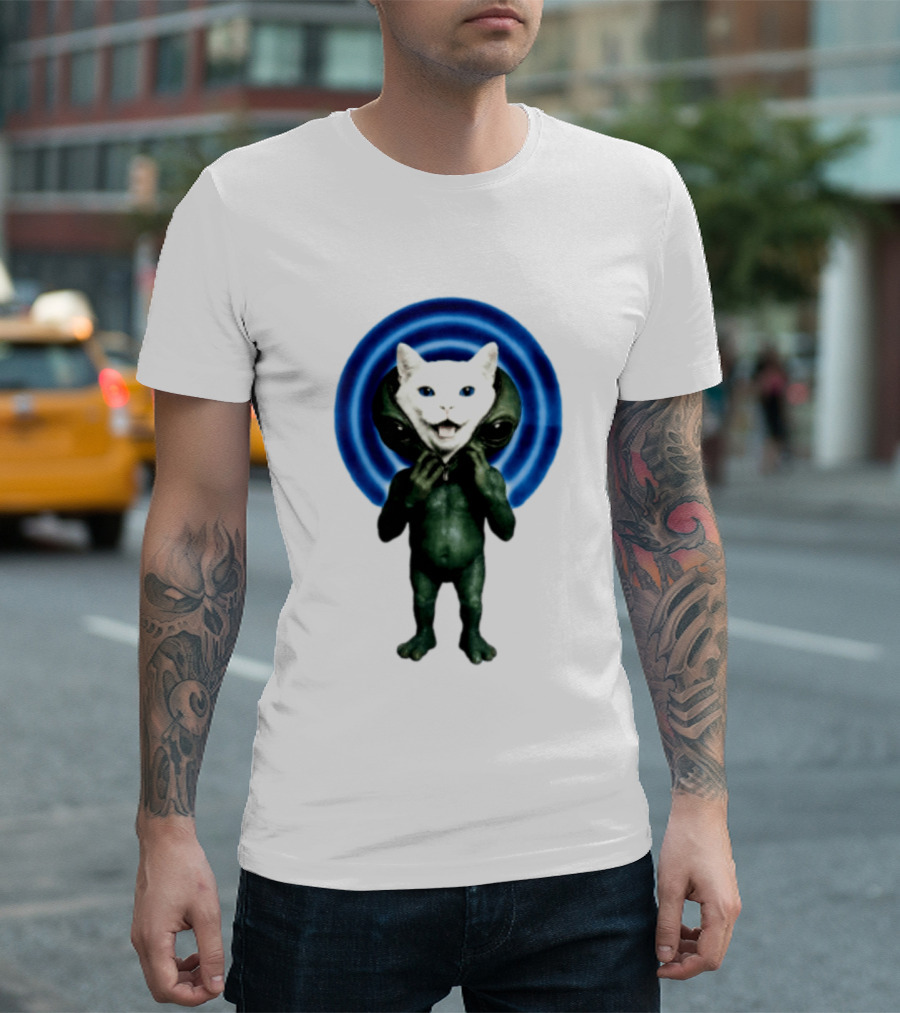 Cat Unzipping Alien Costume Sci Fi Whimsical Blue Ripple Effect T-Shirt