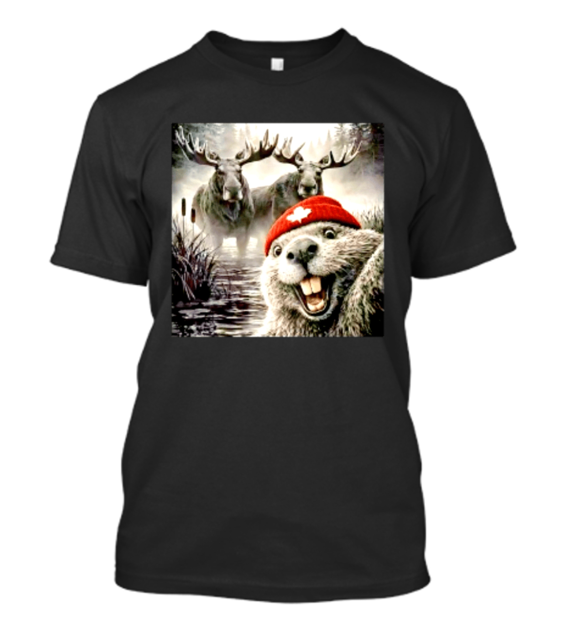 Beaver With Maple Leaf Beanie And Moose Forest Scene T-Shirt