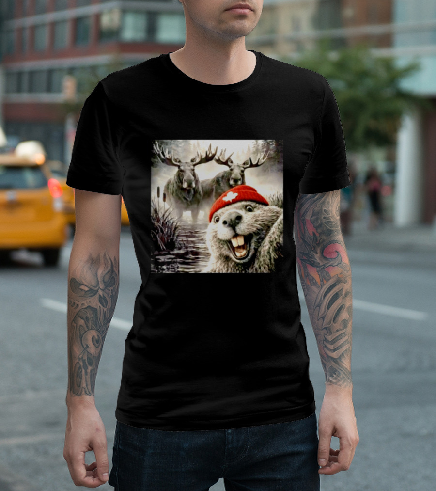Beaver With Maple Leaf Beanie And Moose Forest Scene T-Shirt