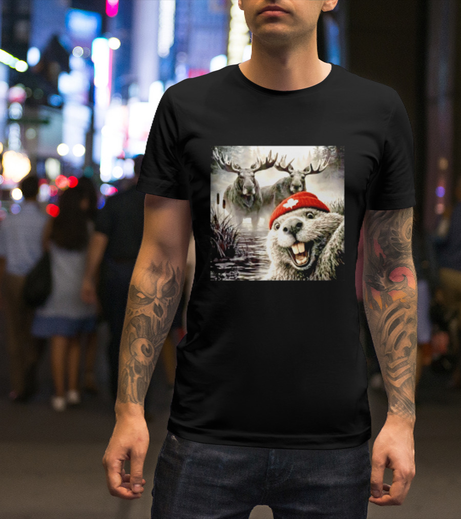 Beaver With Maple Leaf Beanie And Moose Forest Scene T-Shirt