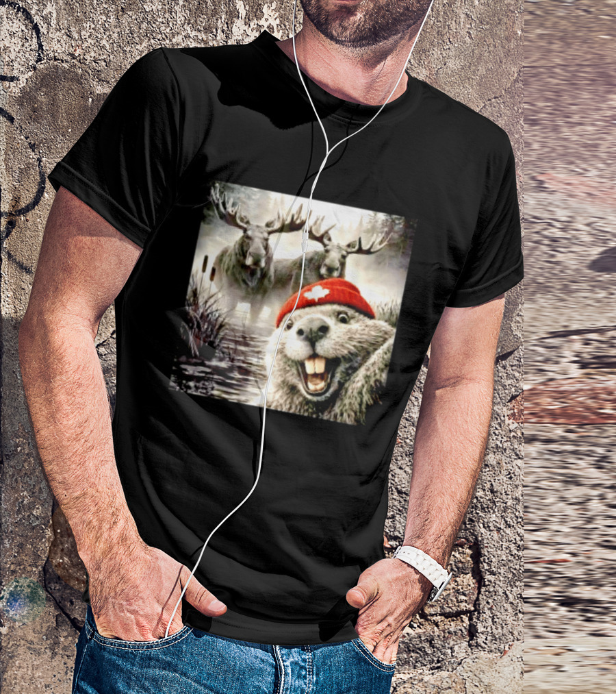 Beaver With Maple Leaf Beanie And Moose Forest Scene T-Shirt
