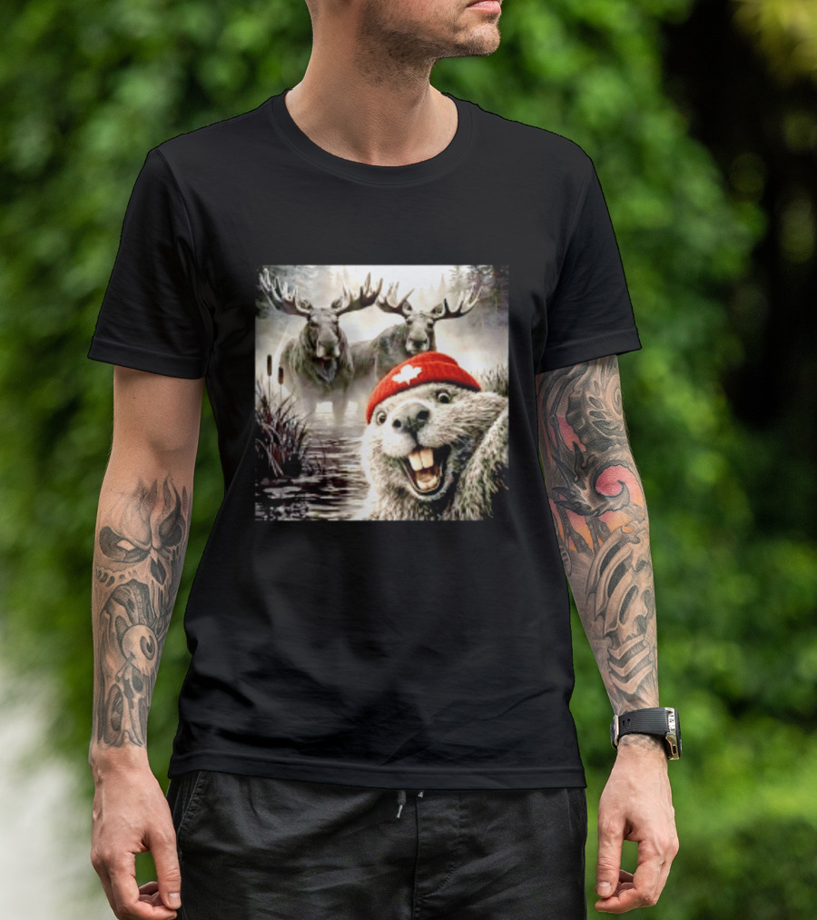 Beaver With Maple Leaf Beanie And Moose Forest Scene T-Shirt