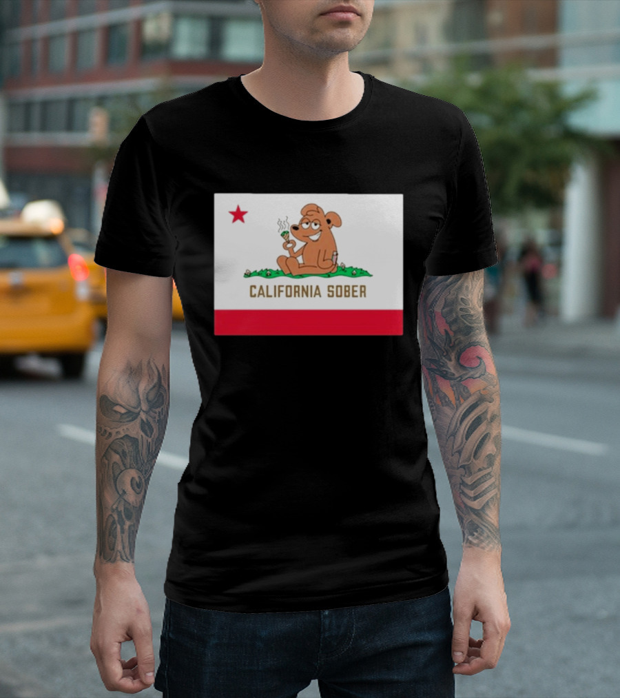 California Sober Bear With Joint And Drink State Flag T-Shirt