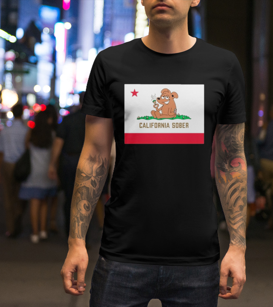 California Sober Bear With Joint And Drink State Flag T-Shirt