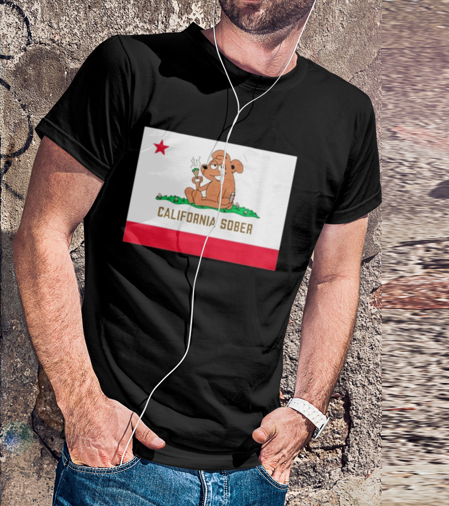 California Sober Bear With Joint And Drink State Flag T-Shirt