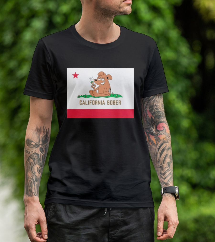 California Sober Bear With Joint And Drink State Flag T-Shirt