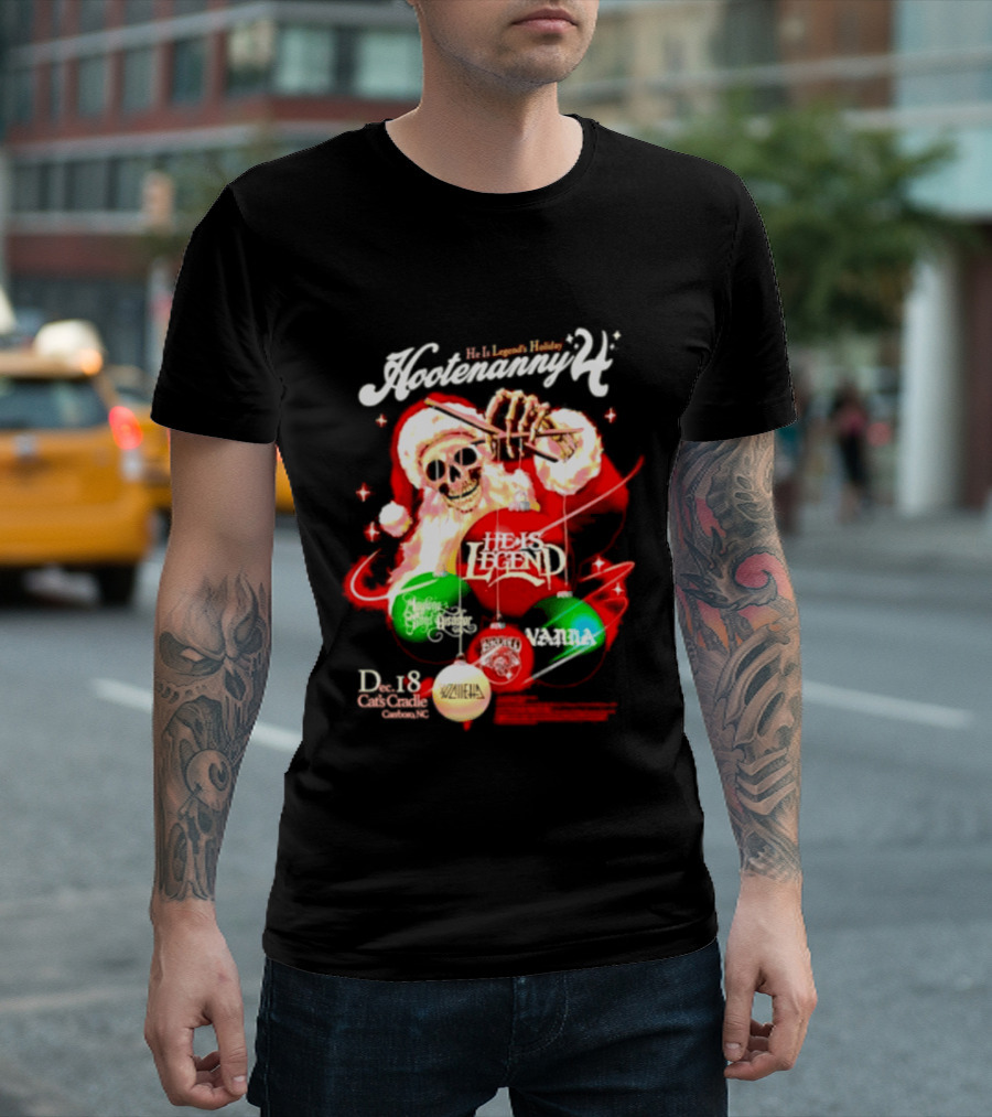 Holiday Hootenanny He Is Legend Skeleton Santa Cat's Cradle Carrboro NC Christmas T-Shirt