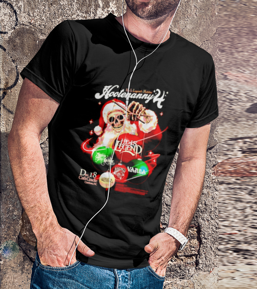 Holiday Hootenanny He Is Legend Skeleton Santa Cat's Cradle Carrboro NC Christmas T-Shirt