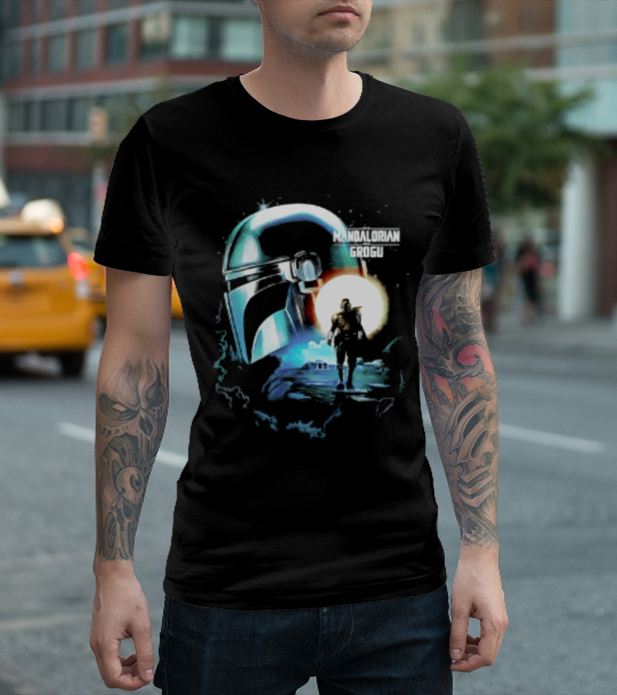The Mandalorian And Grogu Helmet Silhouette Star Wars Disney Plus Series T-Shirt