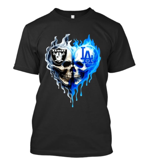 Las Vegas Raiders Los Angeles Dodgers Skulls Heart Blue Flames T-Shirt